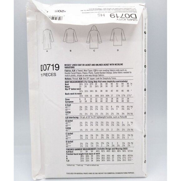 Simplicity Pattern D0719 US 6-14 90th Anniversary Misses Lined Coat Jacket Uncut - Picture 2 of 2